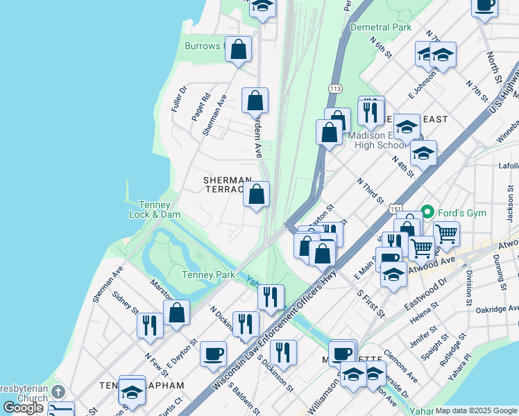 map of restaurants, bars, coffee shops, grocery stores, and more near 1740 Fordem Avenue in Madison