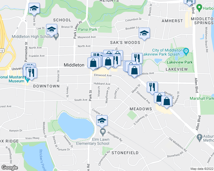 map of restaurants, bars, coffee shops, grocery stores, and more near 6805 Hubbard Avenue in Middleton