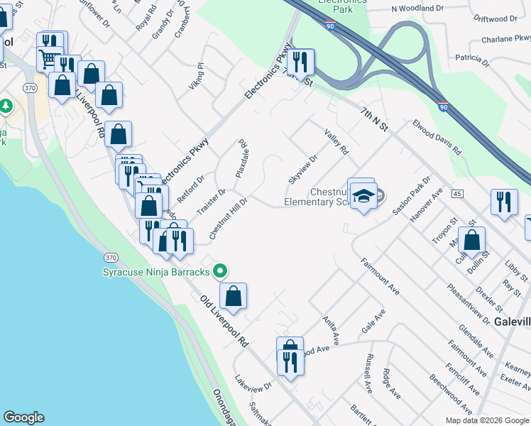 map of restaurants, bars, coffee shops, grocery stores, and more near 104 Chestnut Heights Dr in Liverpool