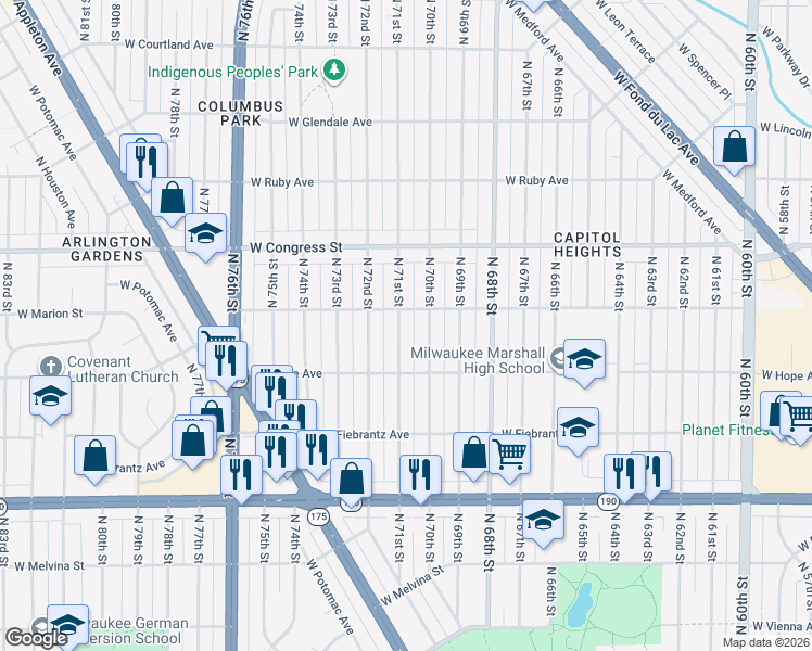 map of restaurants, bars, coffee shops, grocery stores, and more near 4262 North 71st Street in Milwaukee