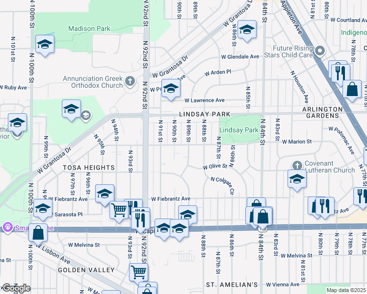 map of restaurants, bars, coffee shops, grocery stores, and more near 8907 West Marion Street in Milwaukee