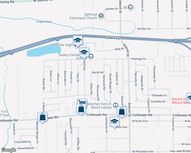map of restaurants, bars, coffee shops, grocery stores, and more near 6171 Penwood Road in Mount Morris