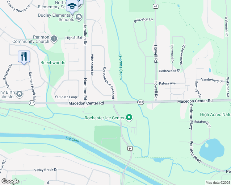 map of restaurants, bars, coffee shops, grocery stores, and more near 8 Rosscommon Crescent in Fairport