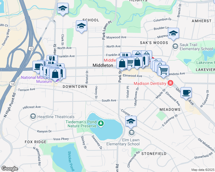 map of restaurants, bars, coffee shops, grocery stores, and more near 7037 Hubbard Avenue in Middleton