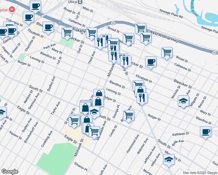 map of restaurants, bars, coffee shops, grocery stores, and more near 705 Lansing Street in Utica