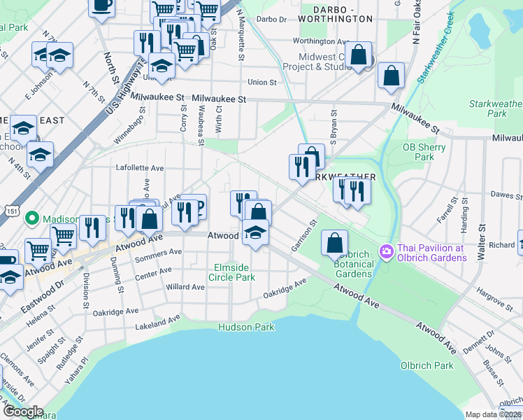 map of restaurants, bars, coffee shops, grocery stores, and more near 206 South Fair Oaks Avenue in Madison