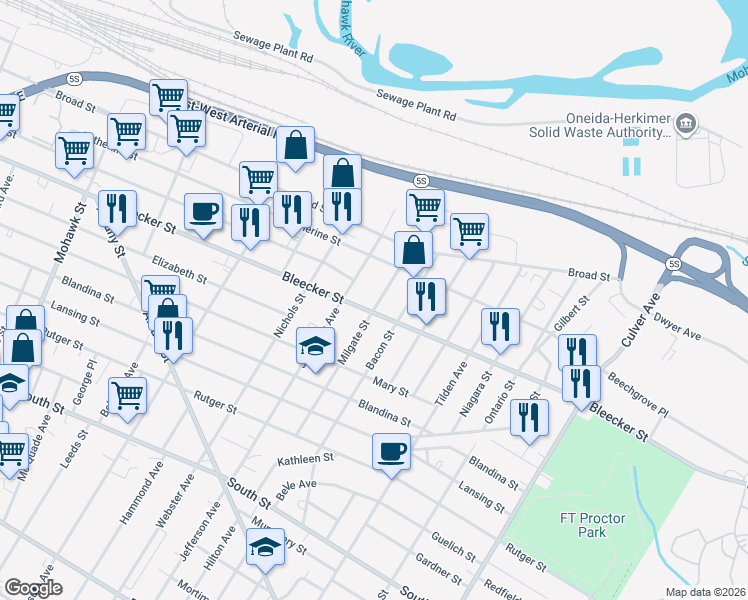 map of restaurants, bars, coffee shops, grocery stores, and more near 422 Milgate St in Utica