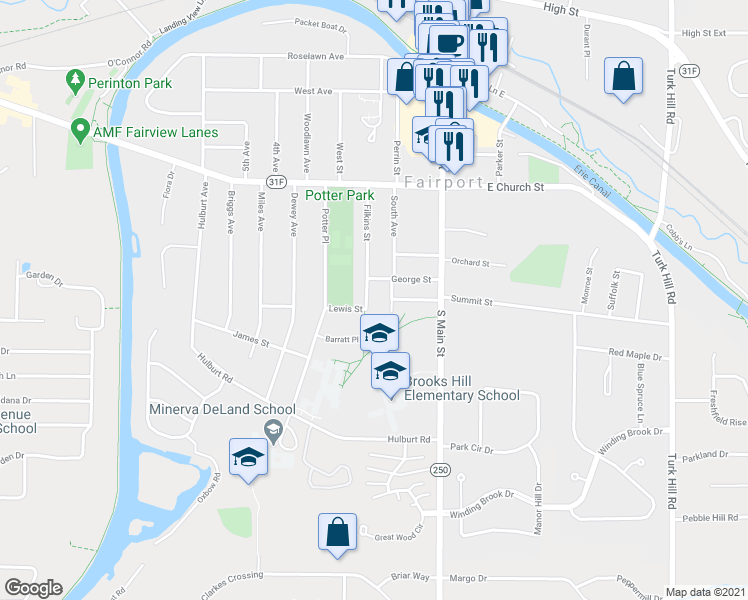 map of restaurants, bars, coffee shops, grocery stores, and more near 63 Filkins Street in Fairport