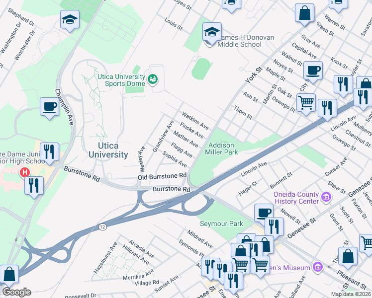 map of restaurants, bars, coffee shops, grocery stores, and more near 1416 Flagg Avenue in Utica