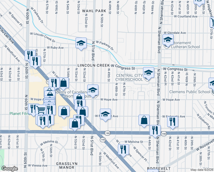 map of restaurants, bars, coffee shops, grocery stores, and more near 4267 North 49th Street in Milwaukee