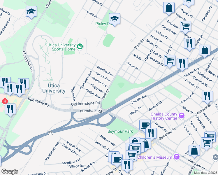 map of restaurants, bars, coffee shops, grocery stores, and more near York Street & Mather Avenue in Utica