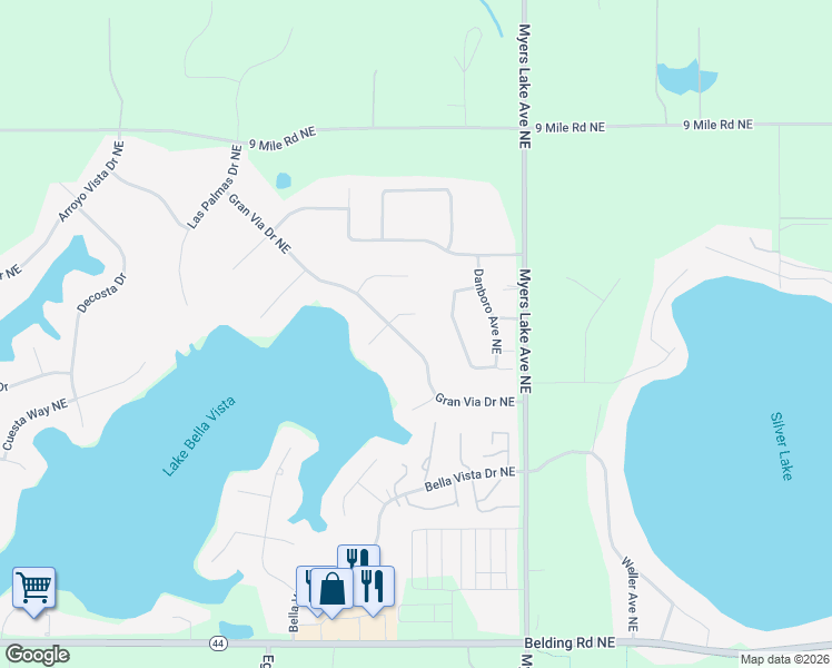 map of restaurants, bars, coffee shops, grocery stores, and more near 6619 Gran Via Drive Northeast in Rockford