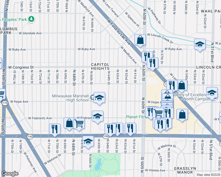 map of restaurants, bars, coffee shops, grocery stores, and more near 4260 North 64th Street in Milwaukee