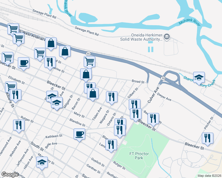 map of restaurants, bars, coffee shops, grocery stores, and more near 326 Tilden Avenue in Utica