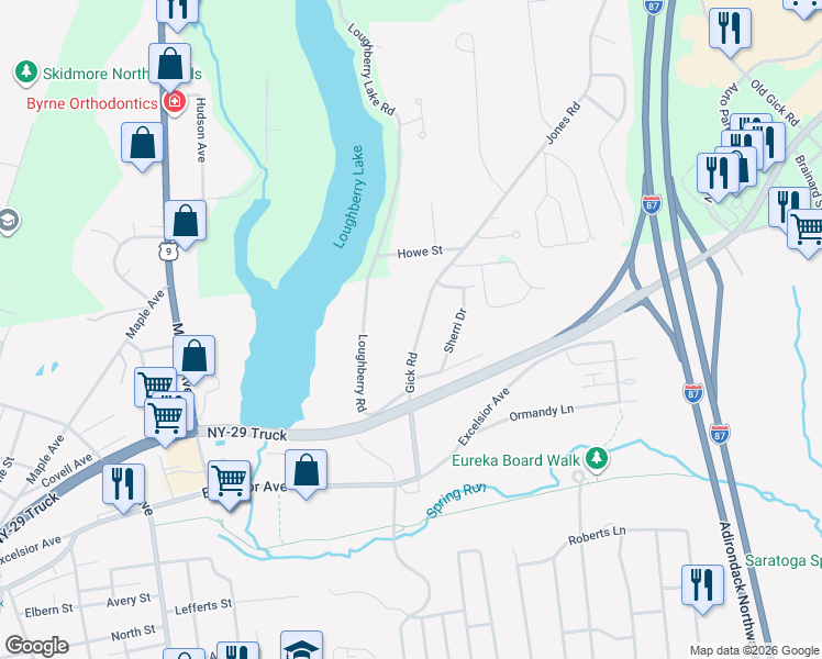 map of restaurants, bars, coffee shops, grocery stores, and more near 14 Gick Road in Saratoga Springs
