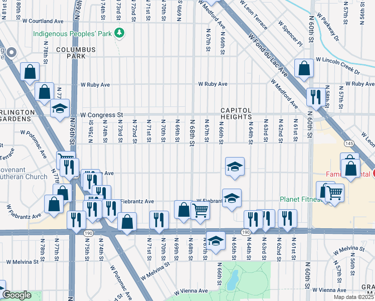 map of restaurants, bars, coffee shops, grocery stores, and more near 4261 North 68th Street in Milwaukee