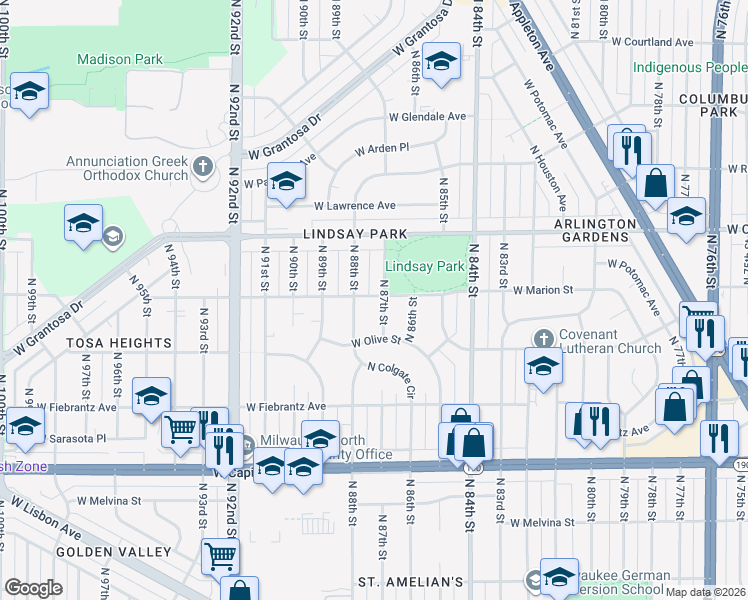 map of restaurants, bars, coffee shops, grocery stores, and more near 8701 West Marion Street in Milwaukee