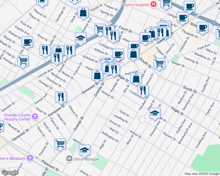 map of restaurants, bars, coffee shops, grocery stores, and more near 1226 Kemble St in Utica