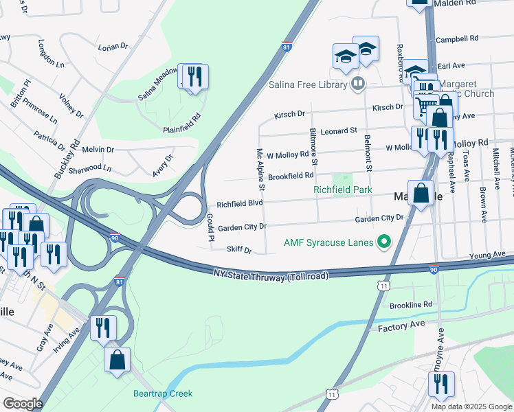 map of restaurants, bars, coffee shops, grocery stores, and more near 403 Richfield Boulevard in Salina
