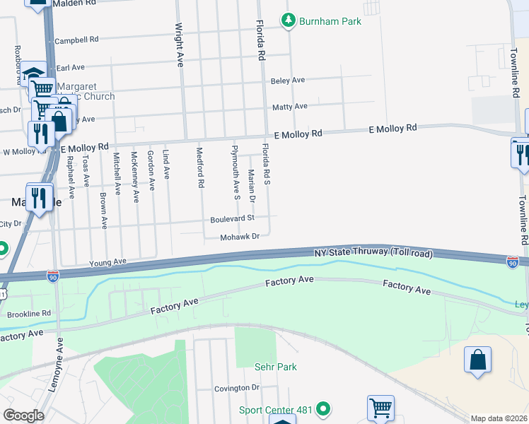 map of restaurants, bars, coffee shops, grocery stores, and more near 1011 Boulevard Street in Mattydale