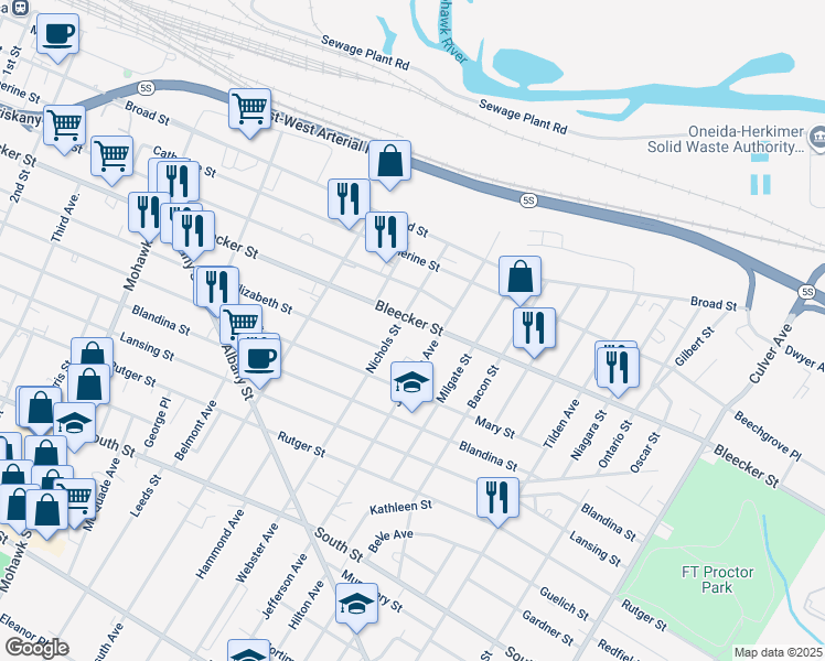 map of restaurants, bars, coffee shops, grocery stores, and more near 505 Nichols Street in Utica