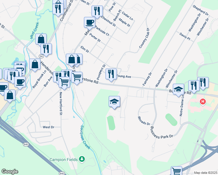 map of restaurants, bars, coffee shops, grocery stores, and more near 50 Burrstone Road in New York Mills