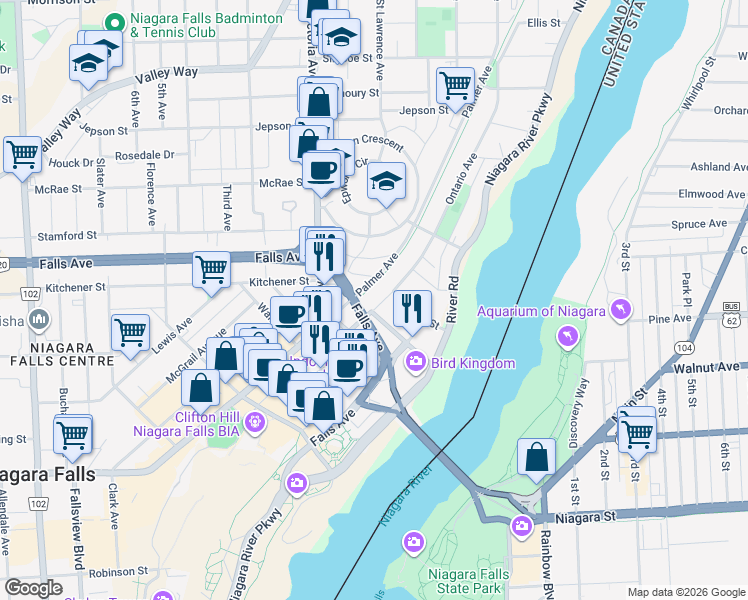 map of restaurants, bars, coffee shops, grocery stores, and more near 5597 Ontario Avenue in Niagara Falls
