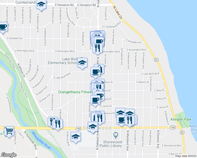 map of restaurants, bars, coffee shops, grocery stores, and more near in Shorewood