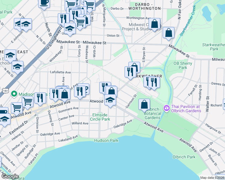map of restaurants, bars, coffee shops, grocery stores, and more near 206 South Fair Oaks Avenue in Madison