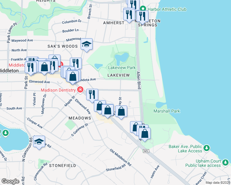 map of restaurants, bars, coffee shops, grocery stores, and more near 6313 Lakeview Boulevard in Middleton