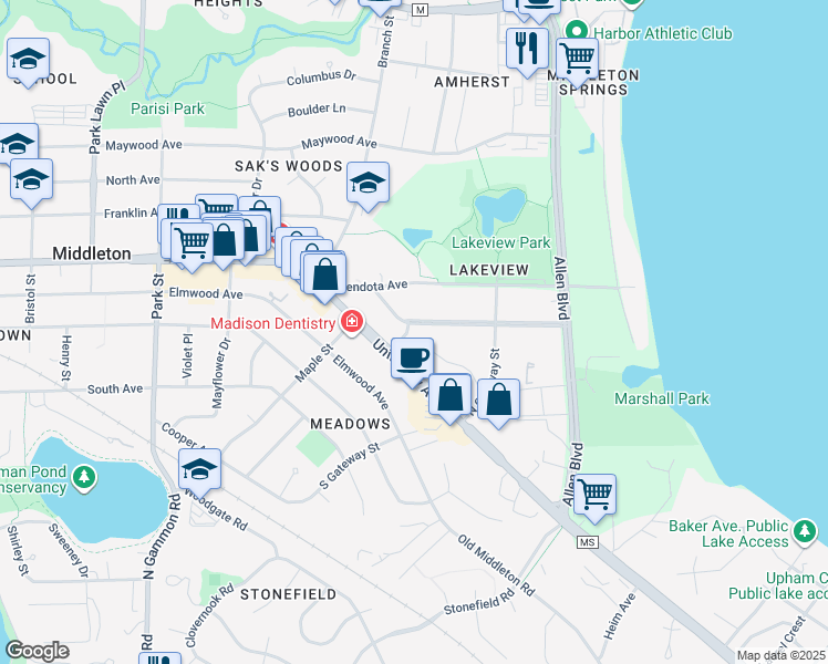 map of restaurants, bars, coffee shops, grocery stores, and more near 6415 Lakeview Boulevard in Middleton