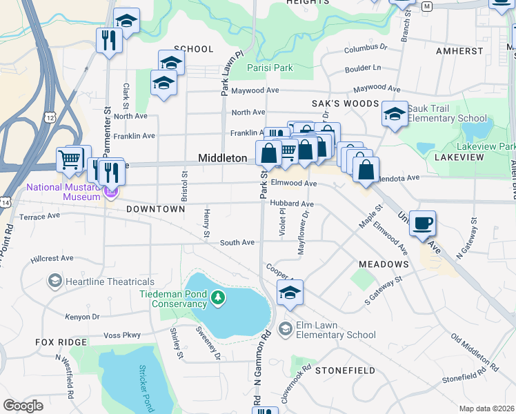 map of restaurants, bars, coffee shops, grocery stores, and more near 7005 Hubbard Avenue in Middleton