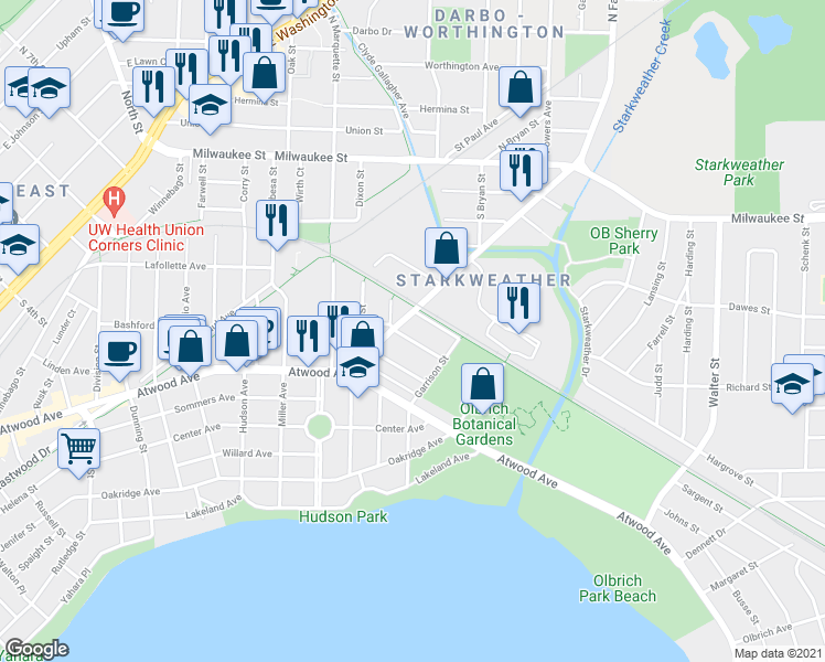 map of restaurants, bars, coffee shops, grocery stores, and more near 3114 Lindbergh Street in Madison