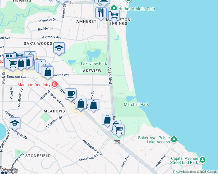 map of restaurants, bars, coffee shops, grocery stores, and more near 2174 Allen Boulevard in Middleton