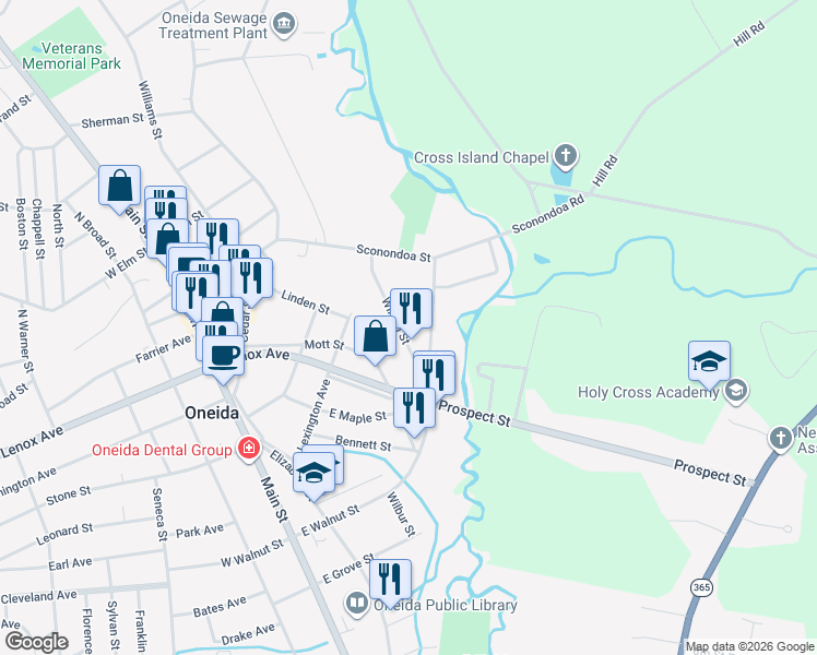 map of restaurants, bars, coffee shops, grocery stores, and more near 245 Wilson Street in Oneida