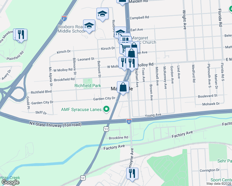 map of restaurants, bars, coffee shops, grocery stores, and more near 1905 Brewerton Road in Syracuse