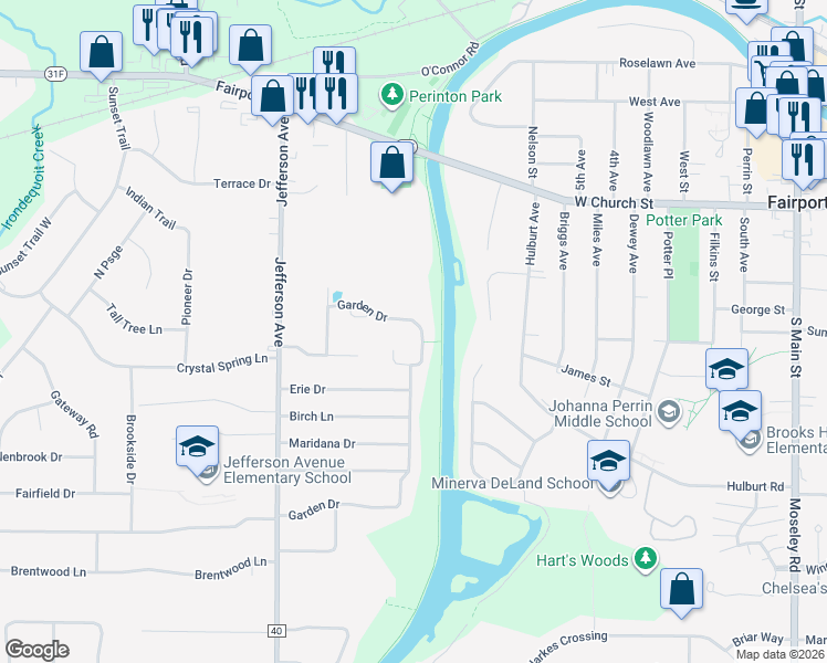 map of restaurants, bars, coffee shops, grocery stores, and more near 90 Garden Drive in Fairport