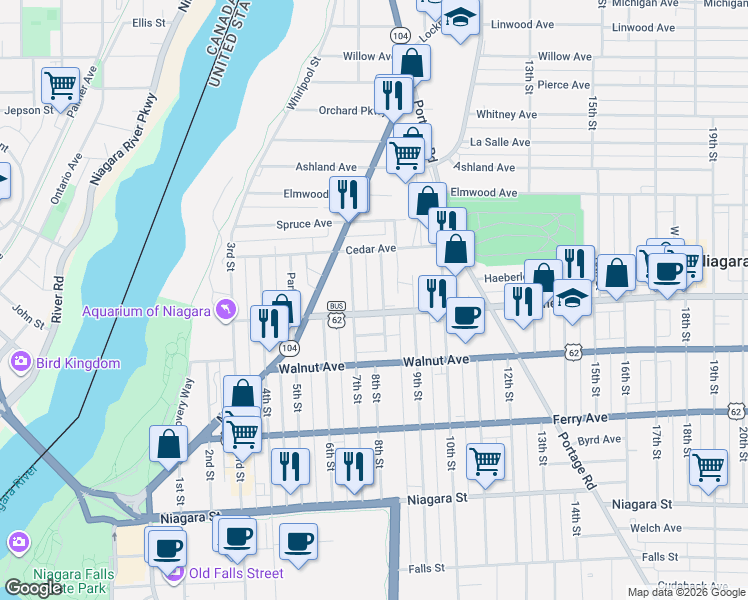 map of restaurants, bars, coffee shops, grocery stores, and more near 711 8th Street in Niagara Falls