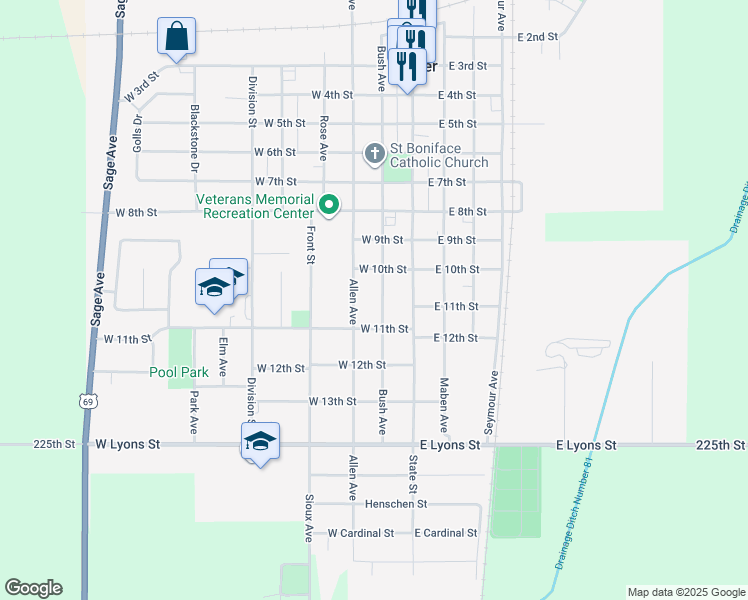 map of restaurants, bars, coffee shops, grocery stores, and more near 1055 Allen Avenue in Garner