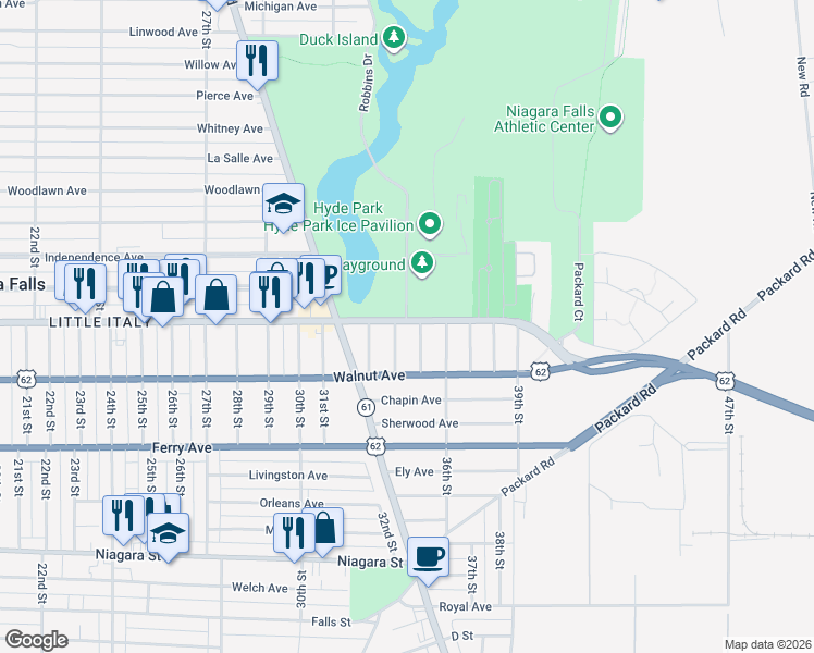 map of restaurants, bars, coffee shops, grocery stores, and more near 3411 U.S. 62 Business in Niagara Falls