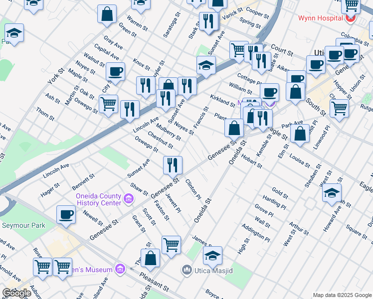 map of restaurants, bars, coffee shops, grocery stores, and more near 1419 Francis St in Utica