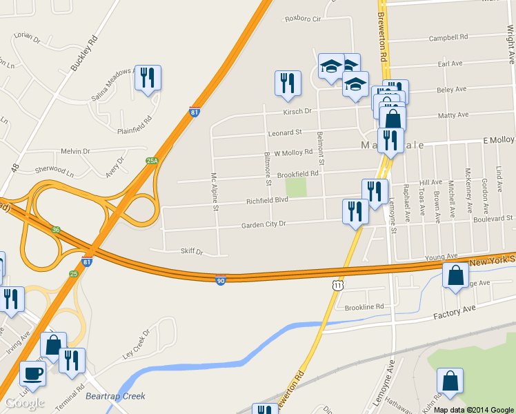 map of restaurants, bars, coffee shops, grocery stores, and more near 307 Richfield Boulevard in Syracuse