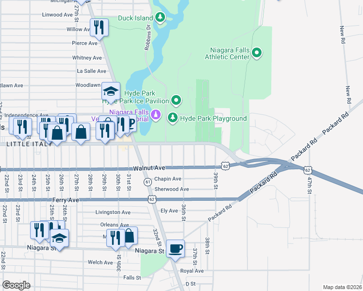 map of restaurants, bars, coffee shops, grocery stores, and more near 3519 U.S. 62 Business in Niagara Falls