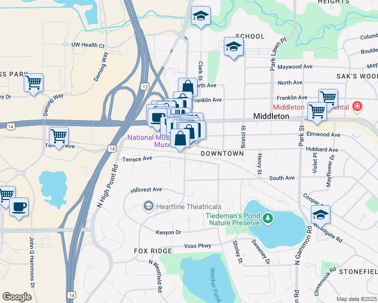 map of restaurants, bars, coffee shops, grocery stores, and more near 1811 Parmenter Street in Middleton