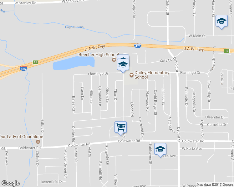 map of restaurants, bars, coffee shops, grocery stores, and more near 6174 Titan Drive in Mount Morris