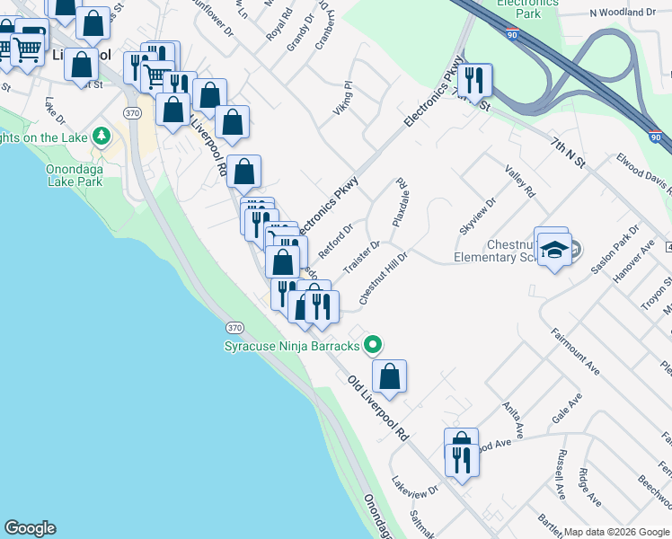 map of restaurants, bars, coffee shops, grocery stores, and more near 107 Traister Dr in Liverpool