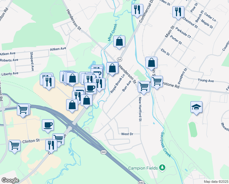 map of restaurants, bars, coffee shops, grocery stores, and more near 17 Royal Brook Ln in New York Mills