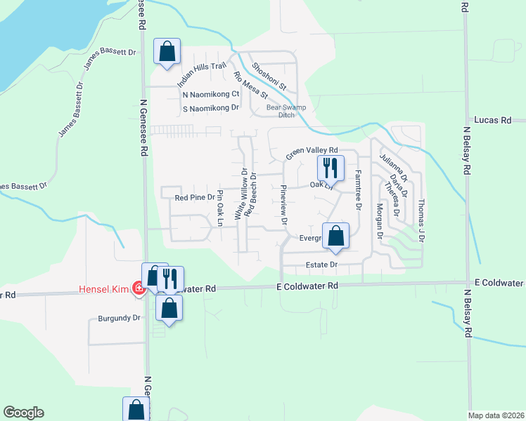 map of restaurants, bars, coffee shops, grocery stores, and more near 558 Sweetleaf Drive in Flint