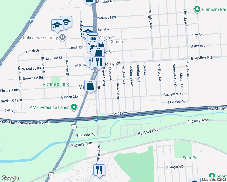 map of restaurants, bars, coffee shops, grocery stores, and more near 213 Toas Avenue in Syracuse
