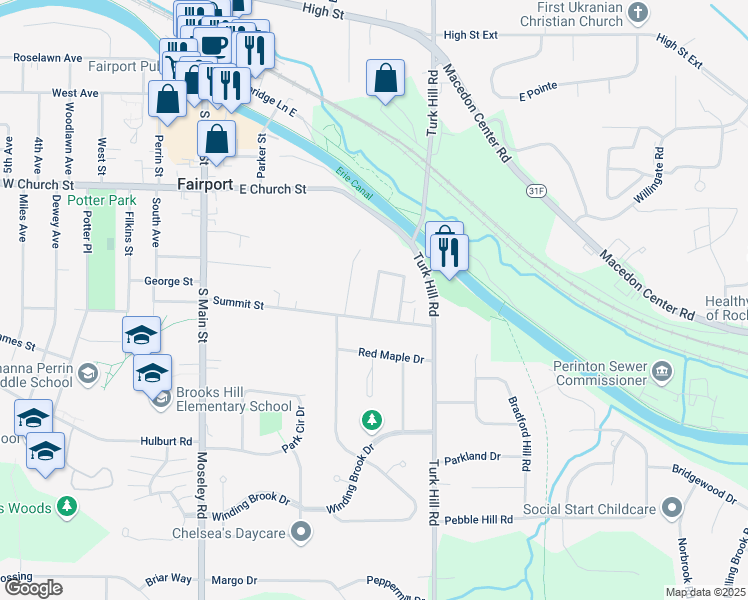 map of restaurants, bars, coffee shops, grocery stores, and more near 4 Suffolk Street in Fairport